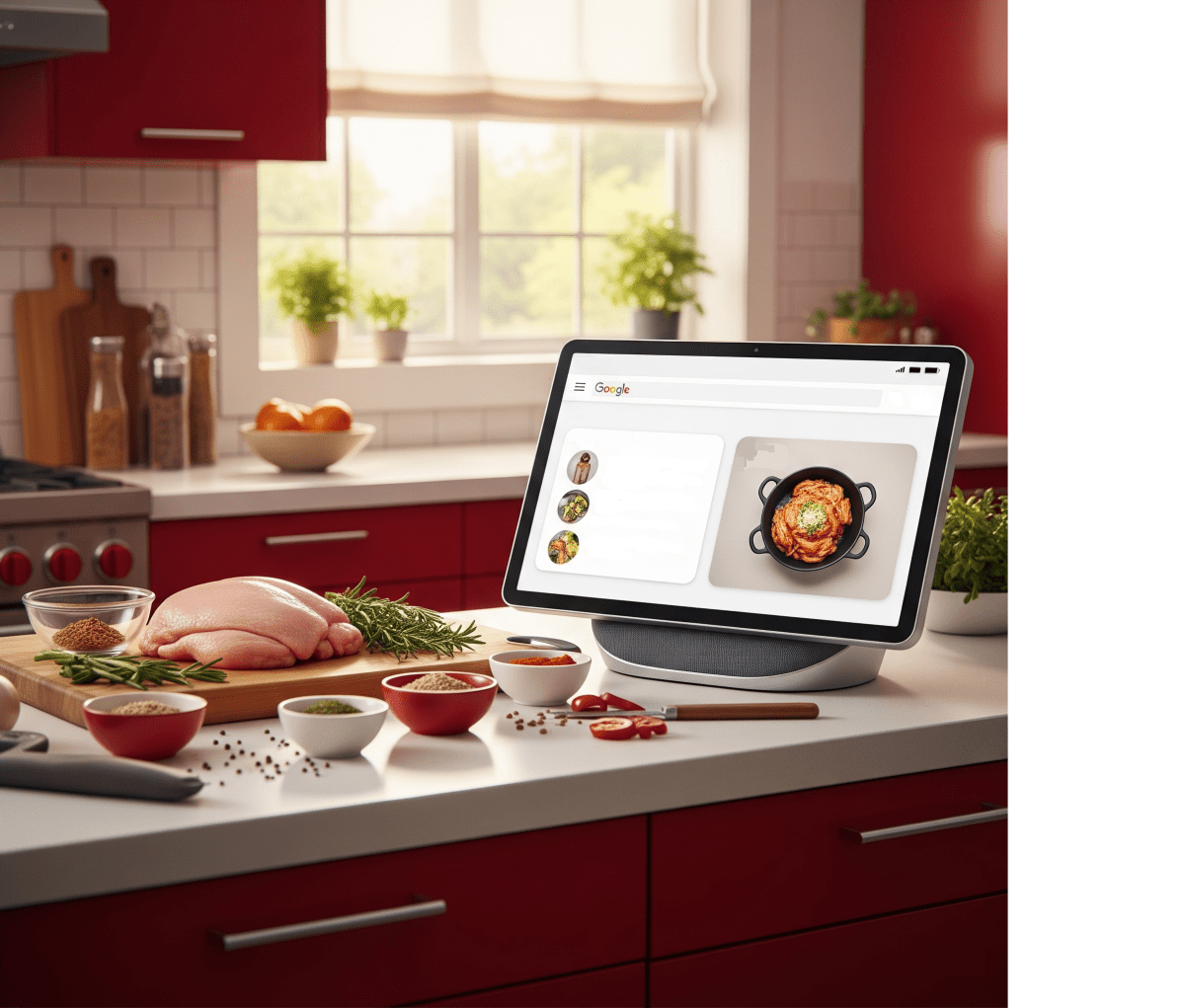A highly detailed and sharp-focus image of a modern kitchen with an AI device prominently displaying cooking instructions on Google search results. The scene includes a stylish countertop with fresh ingredients like chicken, herbs, and spices arranged artfully, emphasizing a vibrant cooking atmosphere. Soft, warm light filters in through a window, creating a cozy ambiance, hinting at the notion of meal preparation without explicitly showcasing a recipe. The style is contemporary and inviting, capturing the essence of innovative cooking aided by technology.